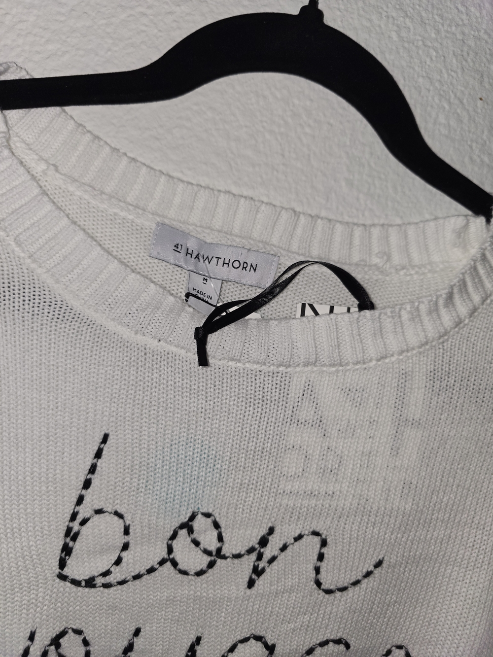 41 Hawthorn White Crewneck Sweater with Black Embroidery